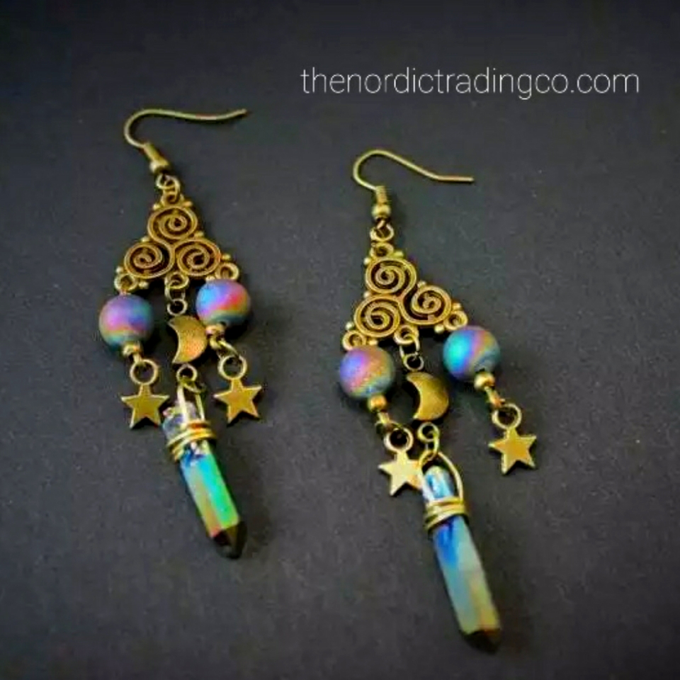 Womens Boho Aura Crystal Handmade Earrings Moon Stars Swirl Cloud Symbol Jewelry